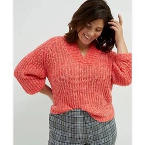 Anthropologie Wool Blend Sweater V-Neck Pink Coral Small Oversized V-Neck Ribbed